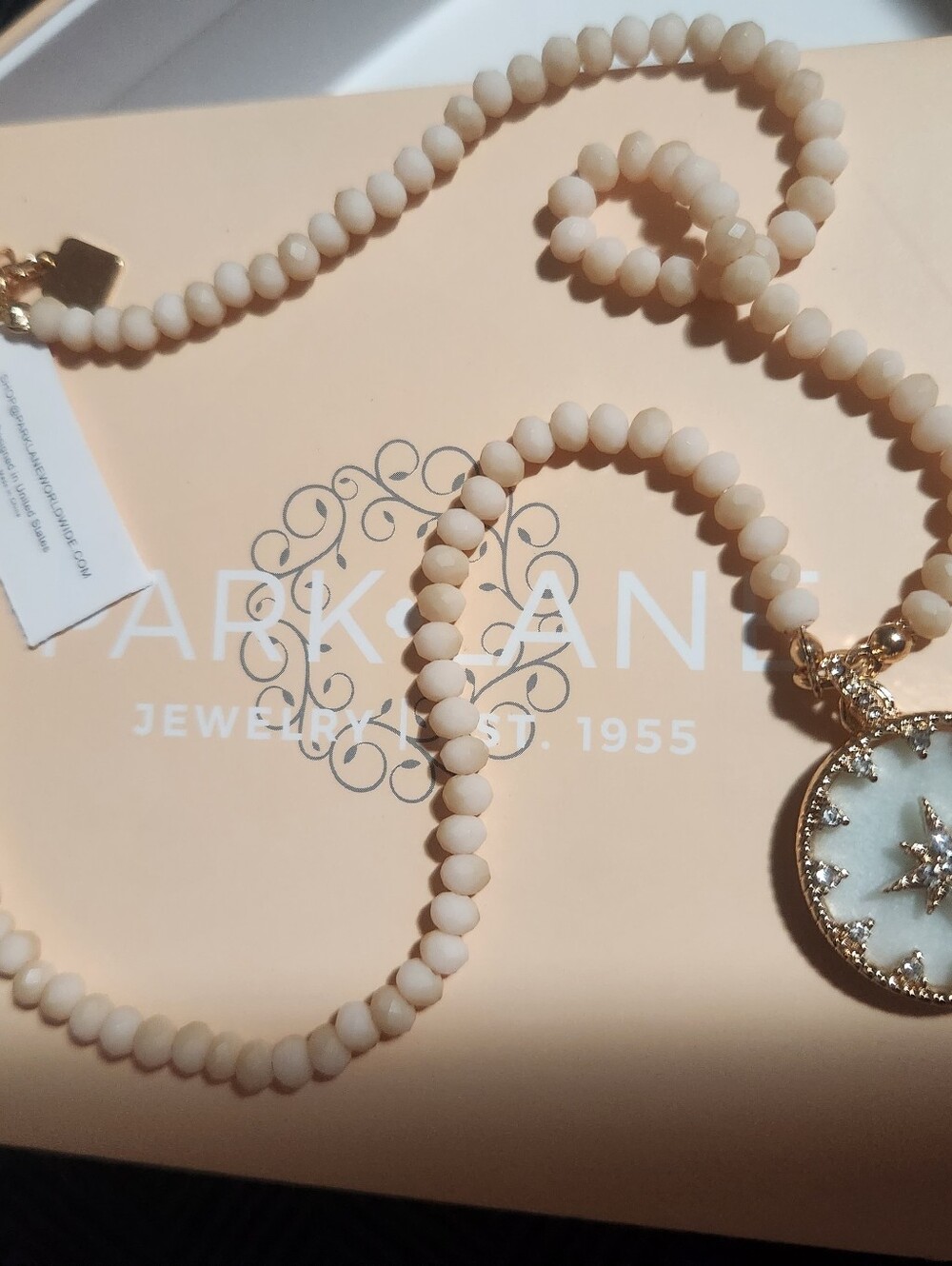 Sparkle box- Cream Beaded Pendant Necklace - Gold Accents